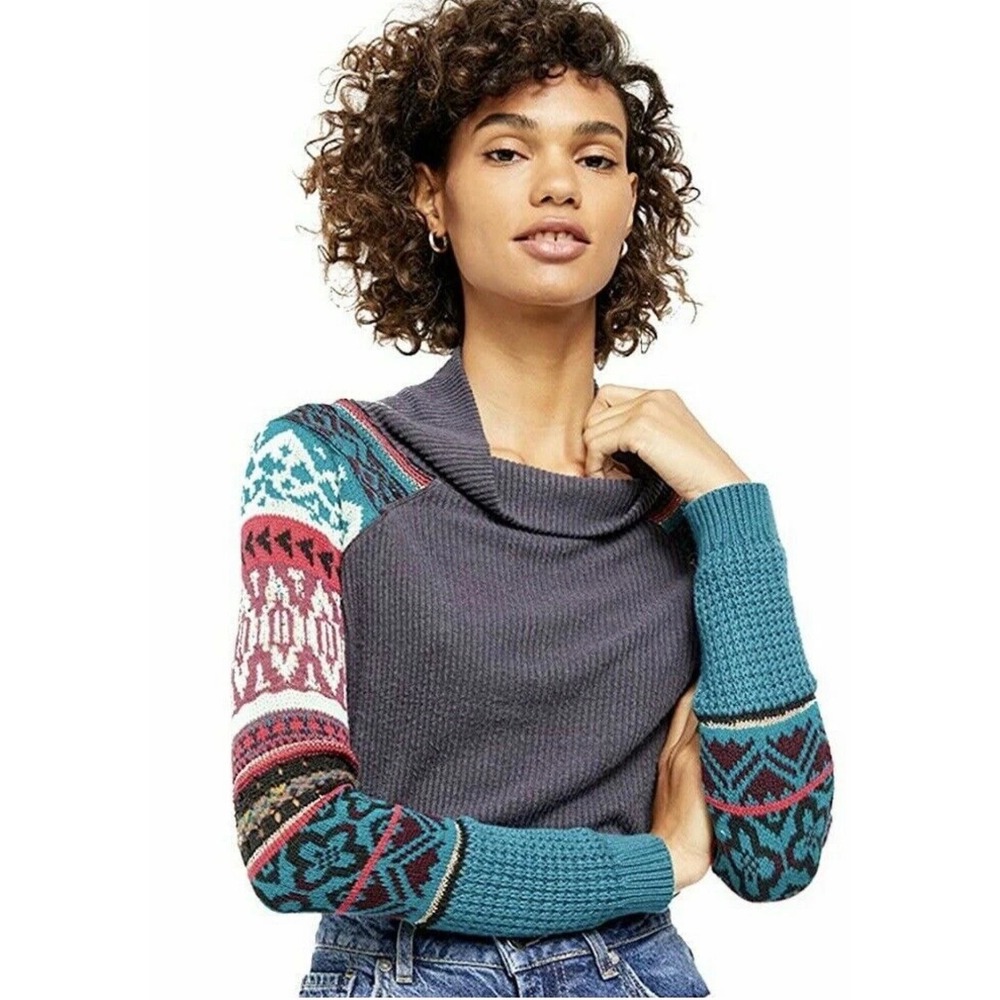 Free People Cowl Neck Ribbed Thermal Top Fair Isle Geometric Pattern Sleeve Grey